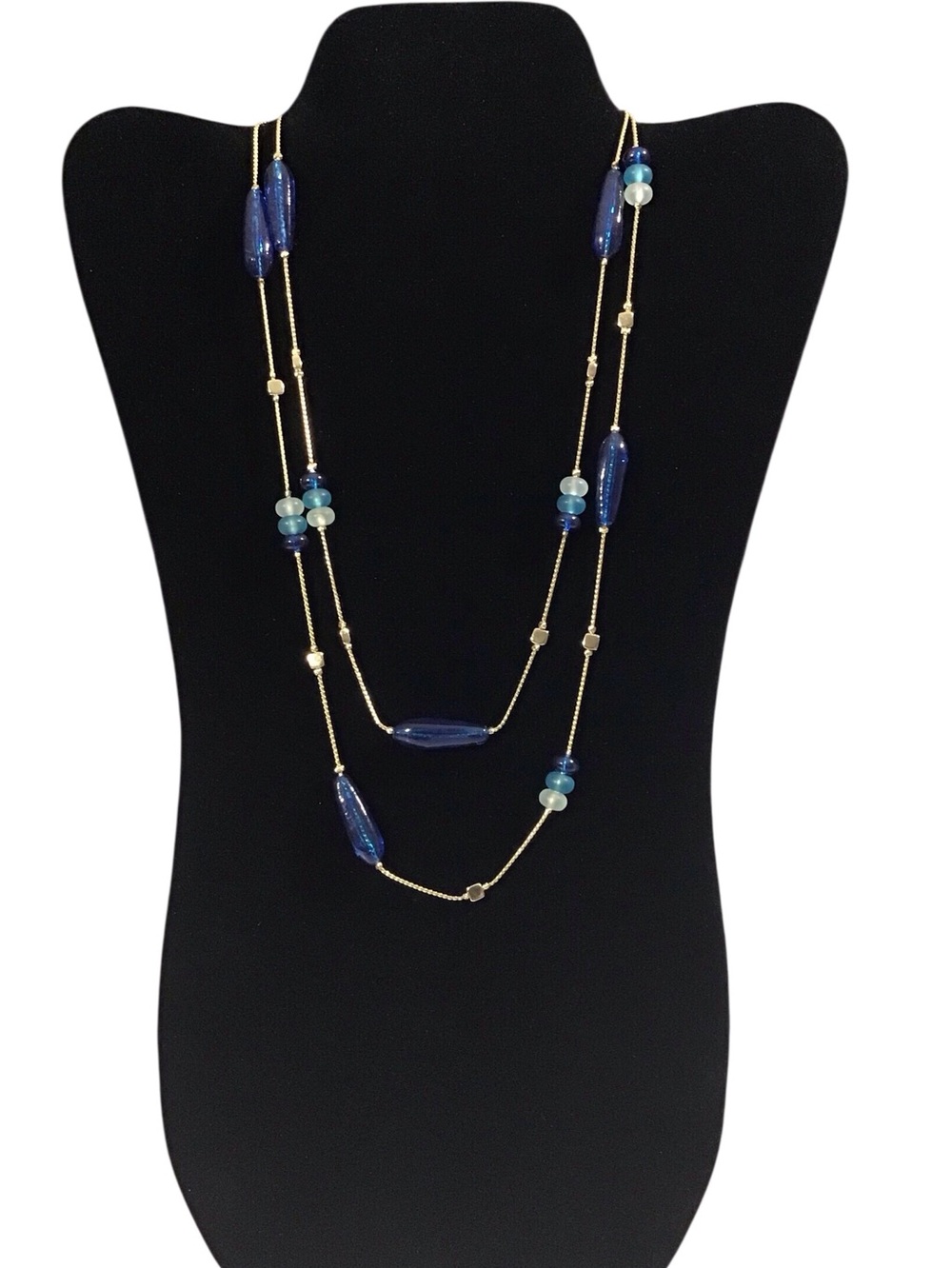 Long Beaded Gold Tone Necklace Dark Light Blue Beads